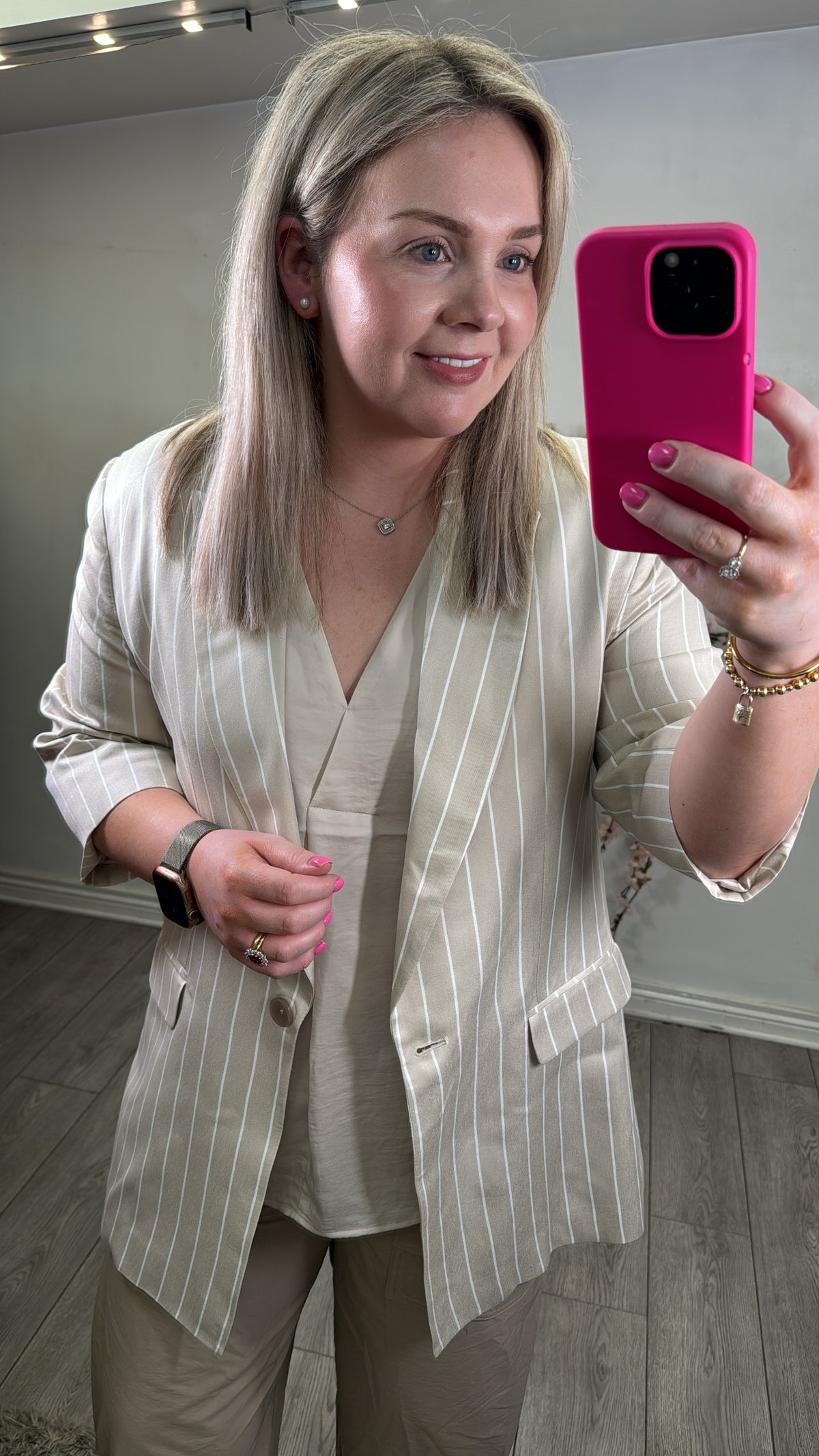 Access Fashion Beige Striped 3/4 Sleeve Blazer