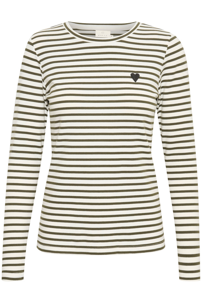 Kaffe Liddy Chalk/Forest Green Stripe Top with Black Heart, 10502821