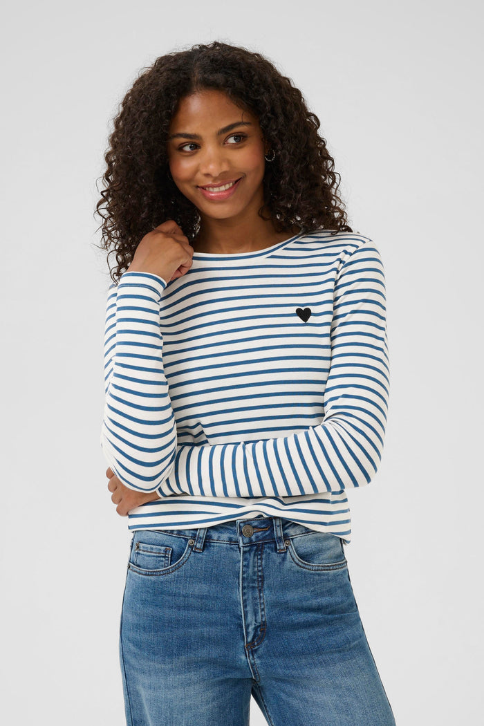 Kaffe Liddy Chalk/Denim Blue Stripe Top with Black Heart