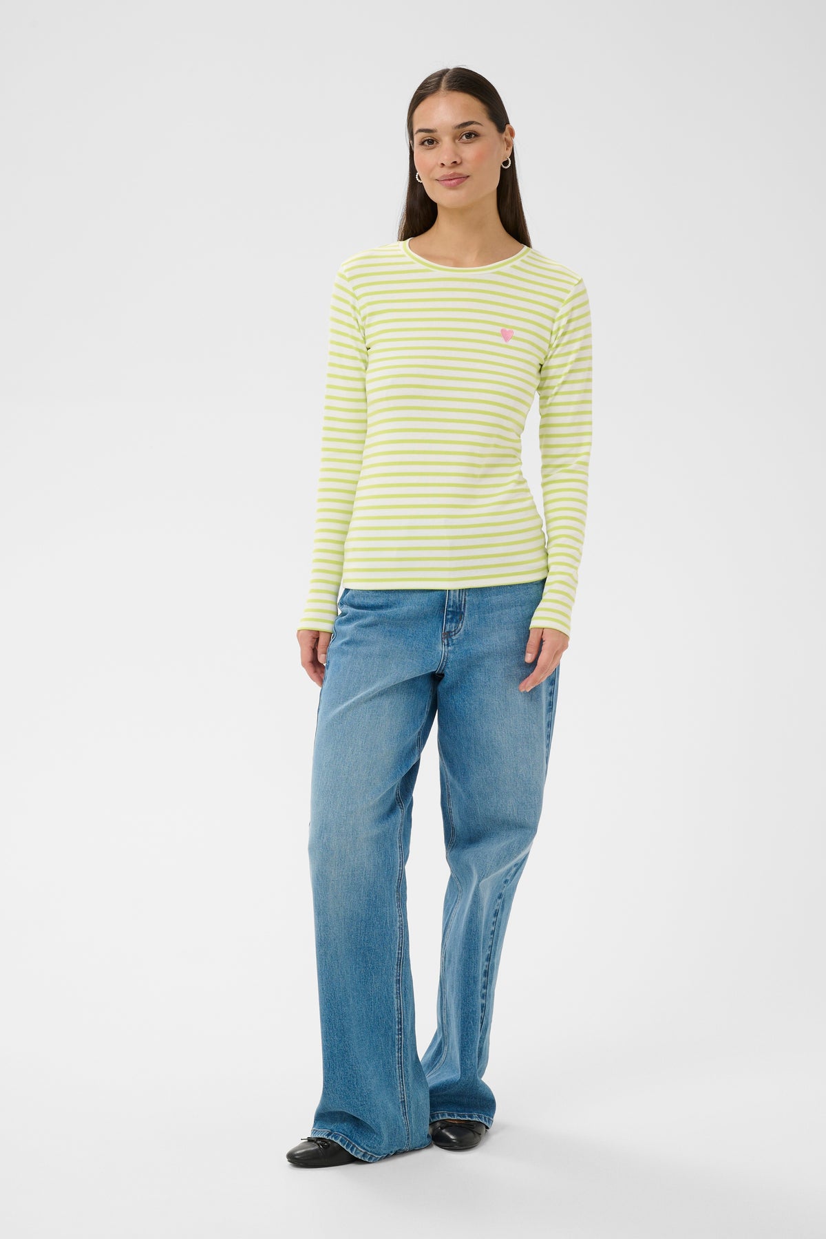 Kaffe Liddy Chalk/Wild Lime Stripe Top with Pink Heart, 10502821