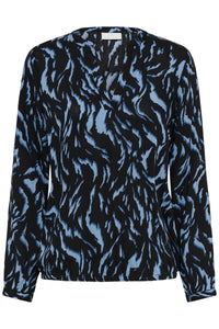 Kaffe Kaditte Denim Blue/Black Abstract Print V-Neck Blouse
