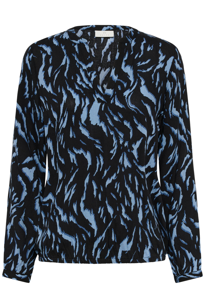 Kaffe Kaditte Denim Blue/Black Abstract Print V-Neck Blouse