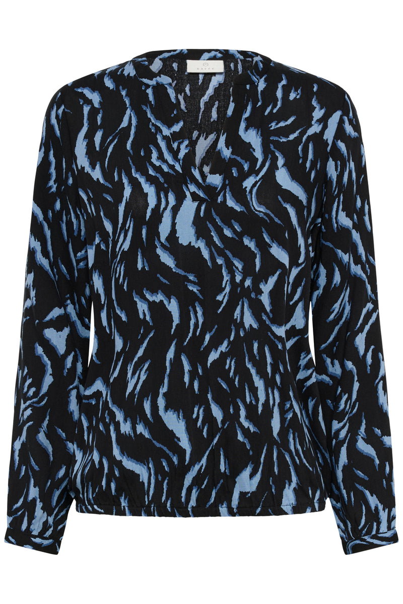 Kaffe Kaditte Denim Blue/Black Abstract Print V-Neck Blouse