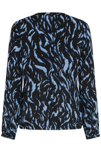 Kaffe Kaditte Denim Blue/Black Abstract Print V-Neck Blouse
