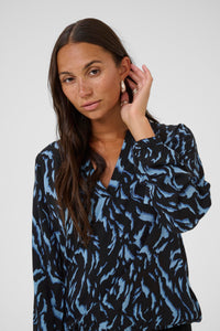 Kaffe Kaditte Denim Blue/Black Abstract Print V-Neck Blouse