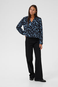 Kaffe Kaditte Denim Blue/Black Abstract Print V-Neck Blouse