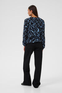 Kaffe Kaditte Denim Blue/Black Abstract Print V-Neck Blouse