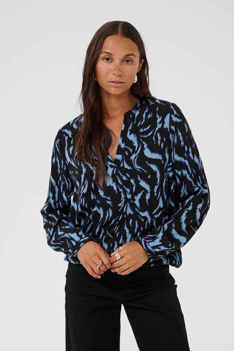 Kaffe Kaditte Denim Blue/Black Abstract Print V-Neck Blouse
