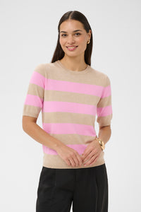Kaffe Kalizza Feather Beige/Candy Pink Striped Knit