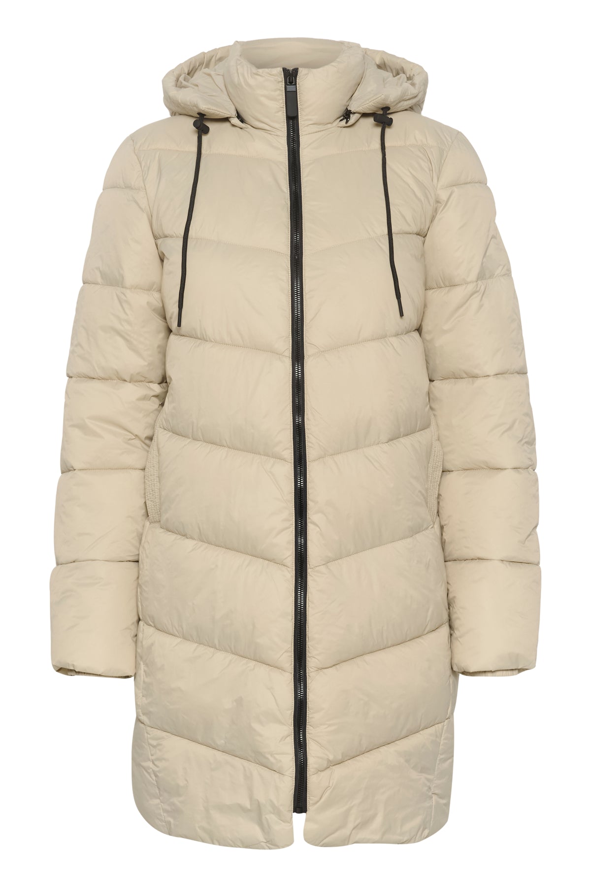 Kaffe Kasusanne Feather Beige Ultimate Puffa Knee Length Coat with Detachable Hood, 10508810