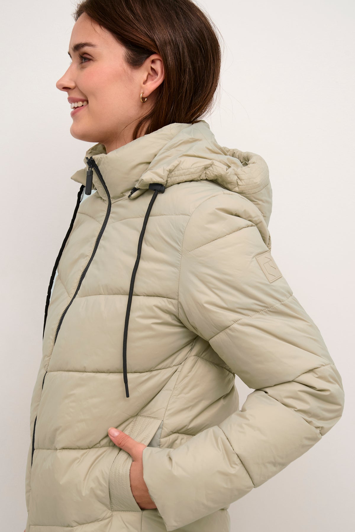 Kaffe Kasusanne Feather Beige Ultimate Puffa Knee Length Coat with Detachable Hood, 10508810