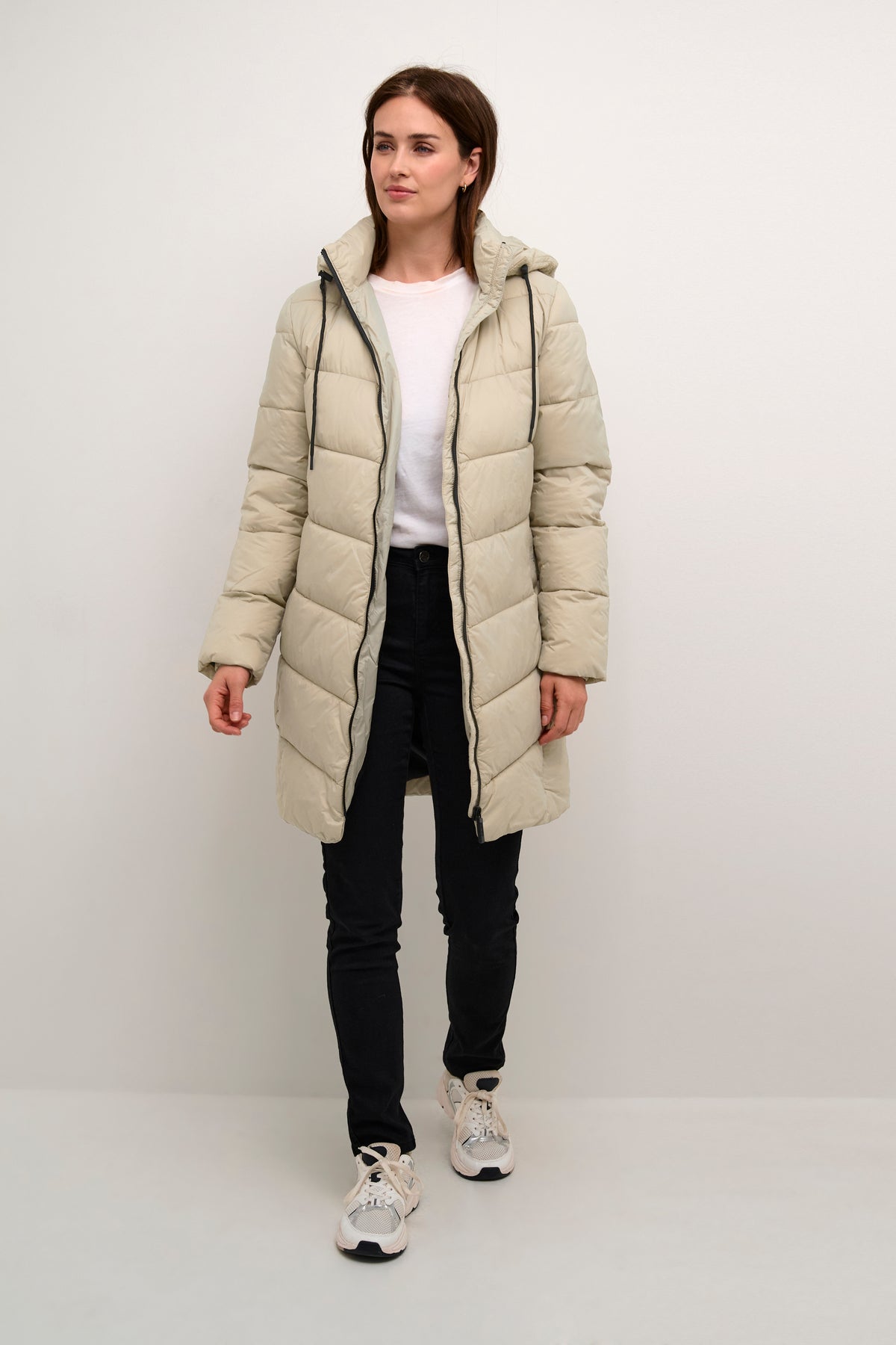 Kaffe Kasusanne Feather Beige Ultimate Puffa Knee Length Coat with Detachable Hood, 10508810