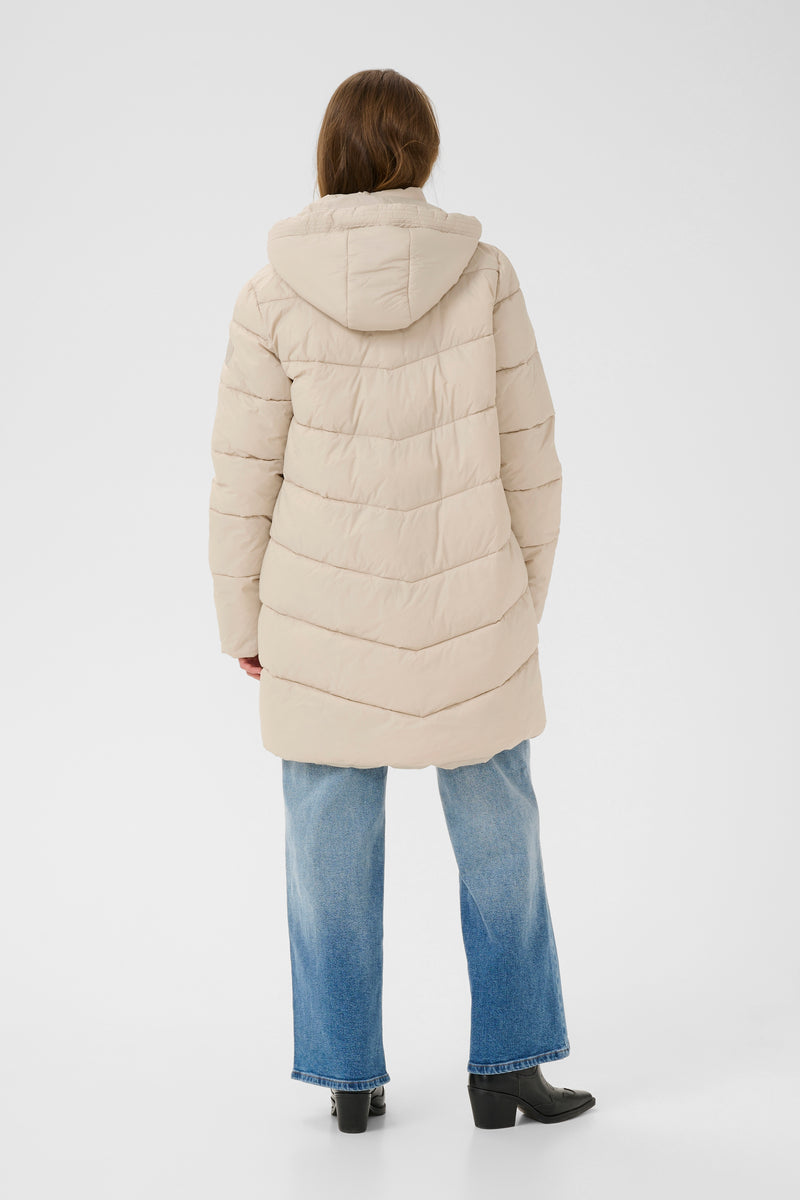 Kaffe Kasusanne Feather Beige Ultimate Puffa Knee Length Coat with Detachable Hood, 10508810