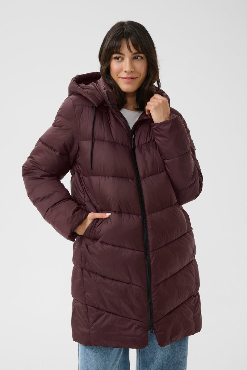 Kaffe Kasusanne Fudge Burgundy Ultimate Puffa Knee Length Coat with Detachable Hood, 10508810