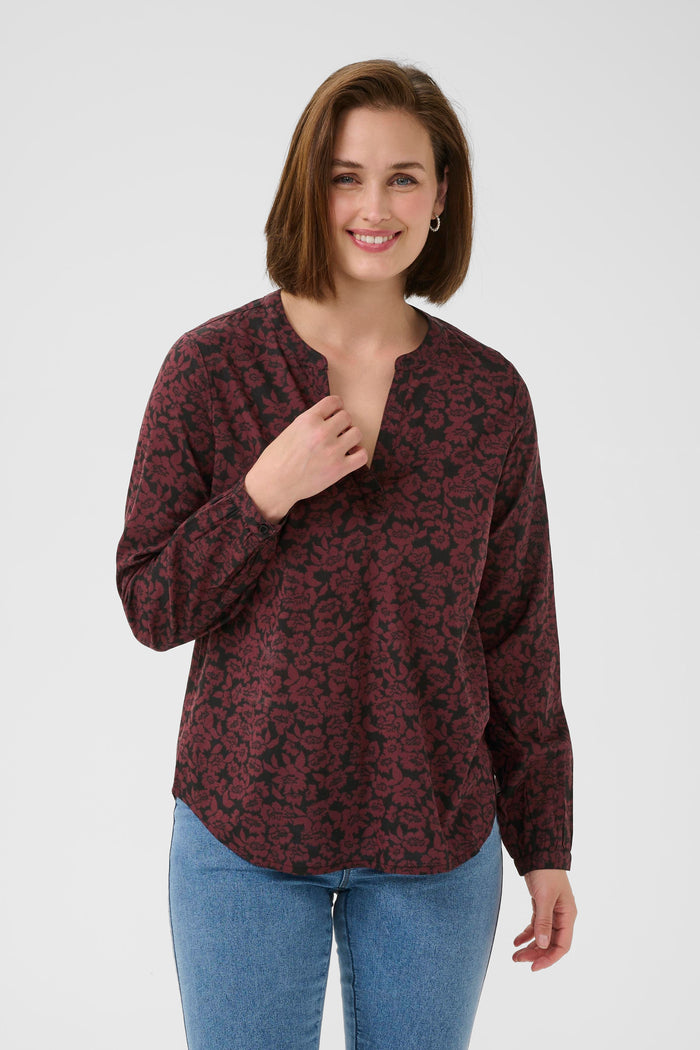 Kaffe Kabeathe Fudge/Black Flower Print V-Neck Blouse, 10508895