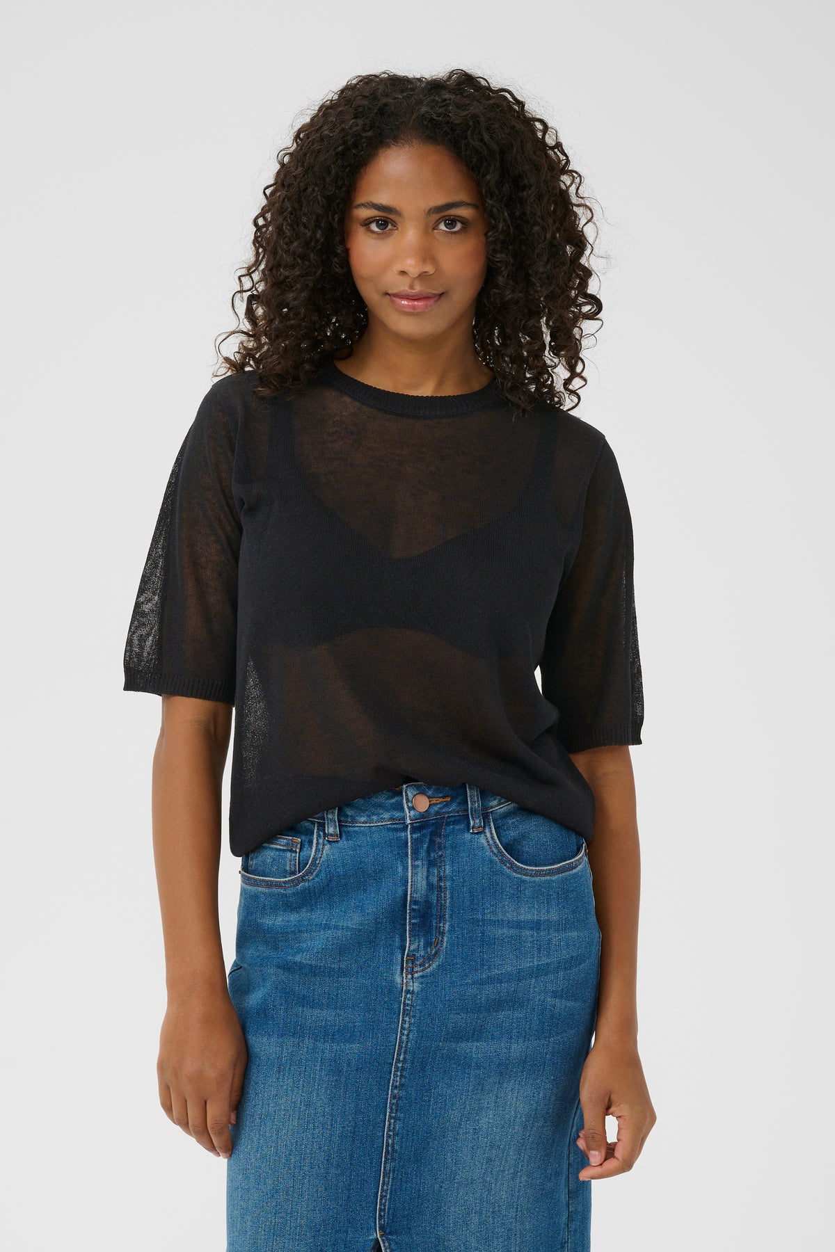 Kaffe Kalinn Black Knitted Linen Mix T-Shirt