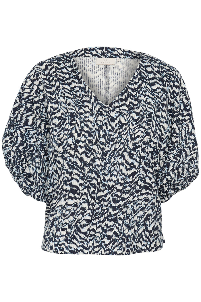 Kaffe Karuffalo Baby Blue/White/Navy Abstract Printed V-Neck Top