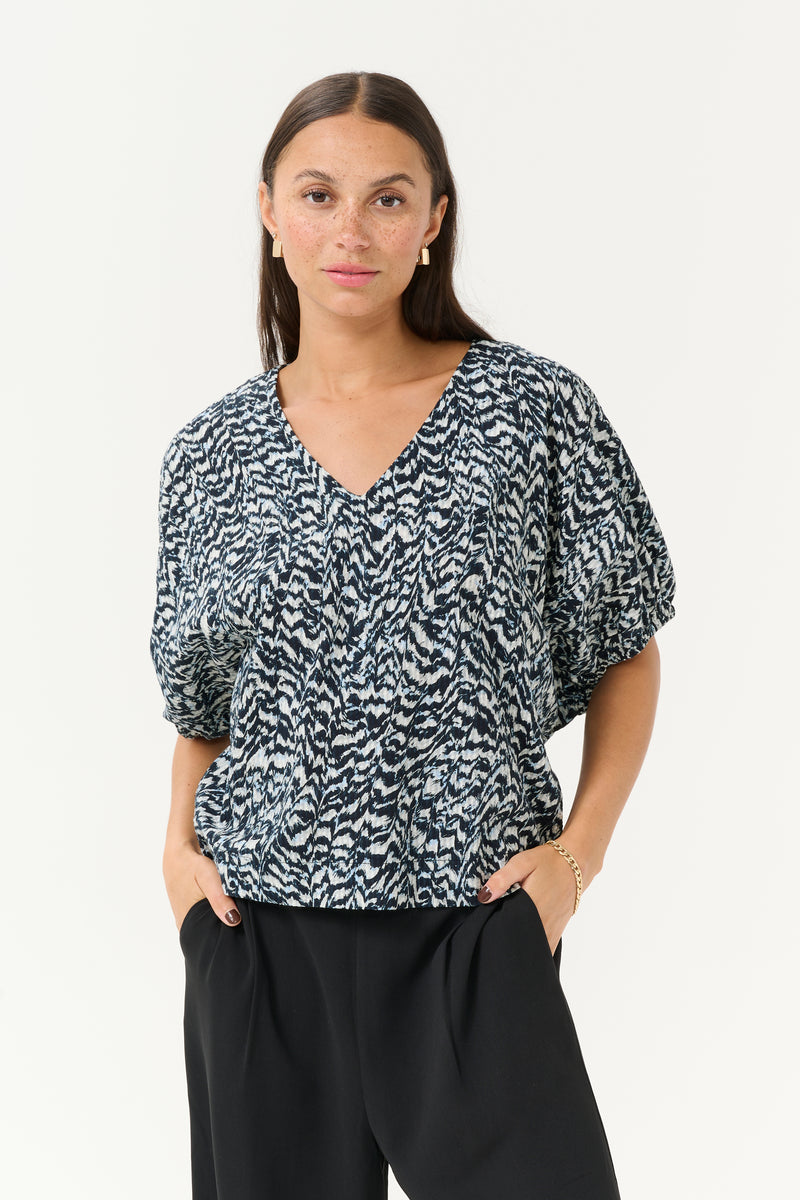 Kaffe Karuffalo Baby Blue/White/Navy Abstract Printed V-Neck Top