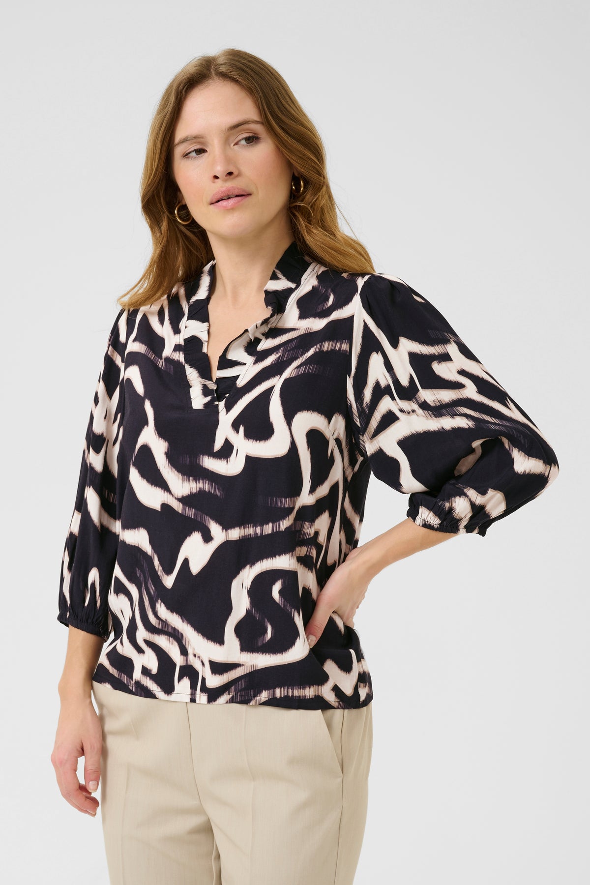 Kaffe Kamartha Black/Natural Printed Abstract V-Neck Top, 10510322