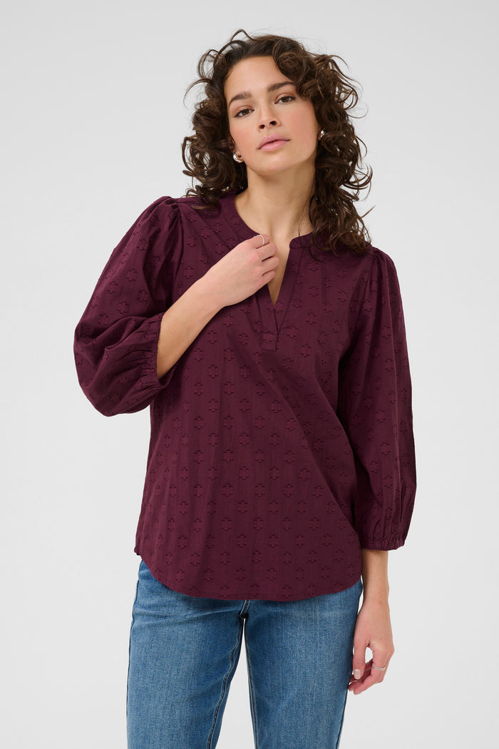 KAFFE Kaenya Windsor Wine V-Neck Embossed Blouse