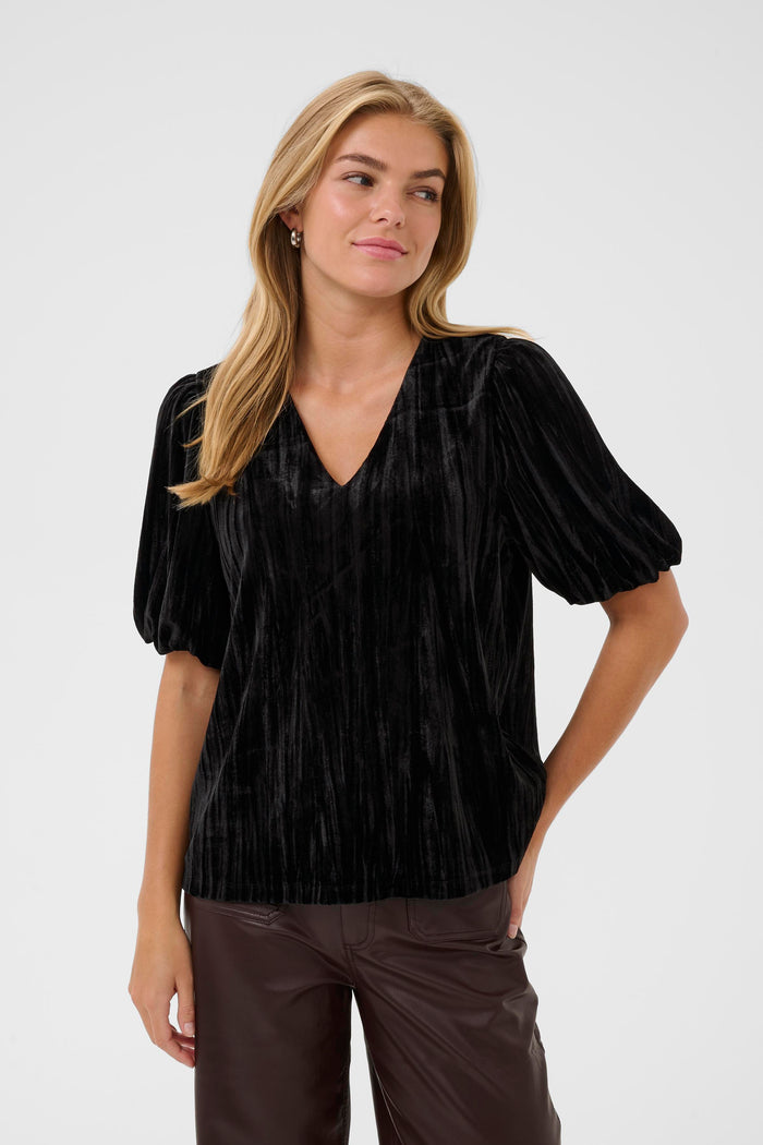 KAFFE Kaelva Black Velvet V-Neck Blouse