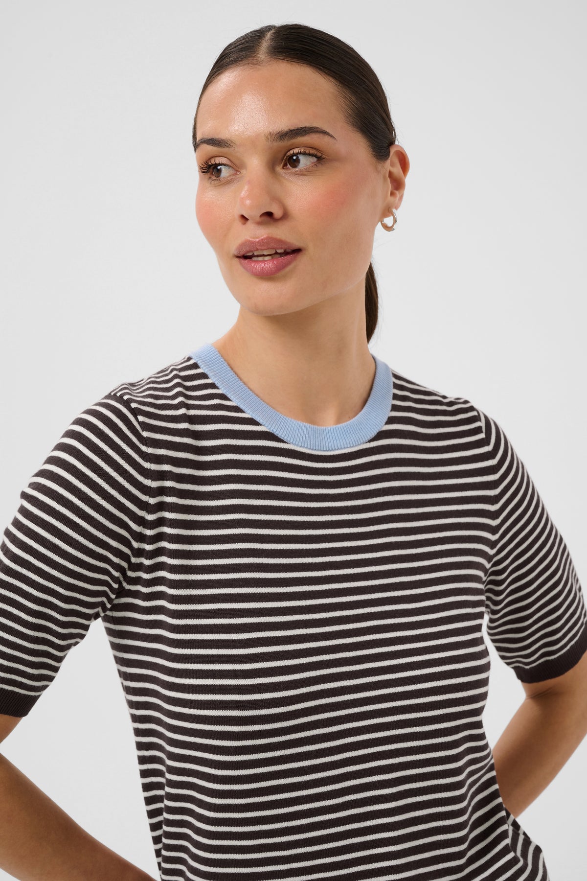 Kaffe Kalizza Coffee Bean/Turtledove Striped Knit with Blue Fog Trim, 10512365