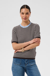 Kaffe Kalizza Coffee Bean/Turtledove Striped Knit with Blue Fog Trim, 10512365