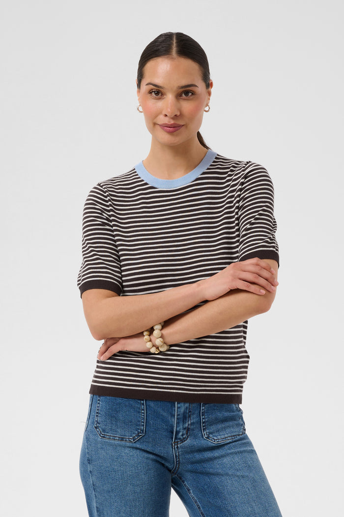 Kaffe Kalizza Coffee Bean/Turtledove Striped Knit with Blue Fog Trim, 10512365