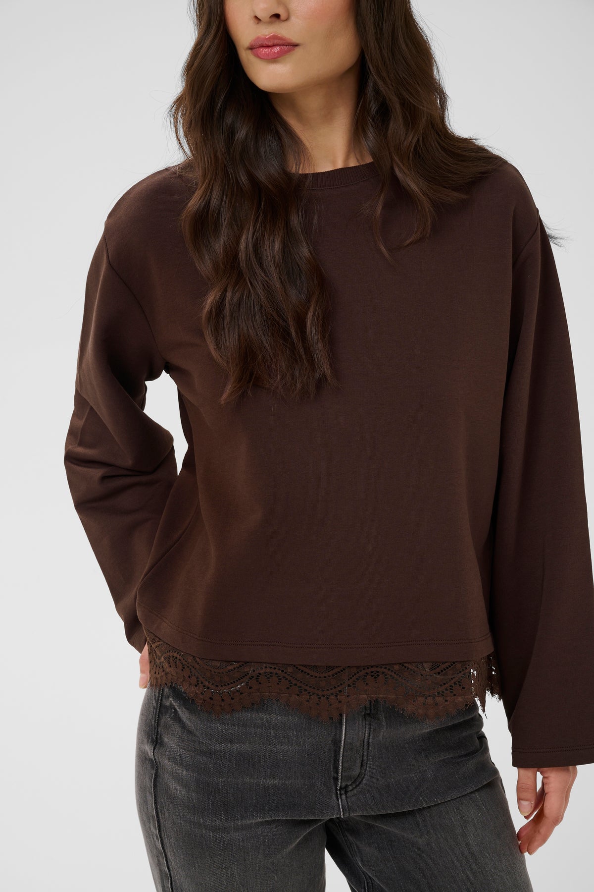Kaffe Kasophie Coffee Bean Lace Trim Sweatshirt