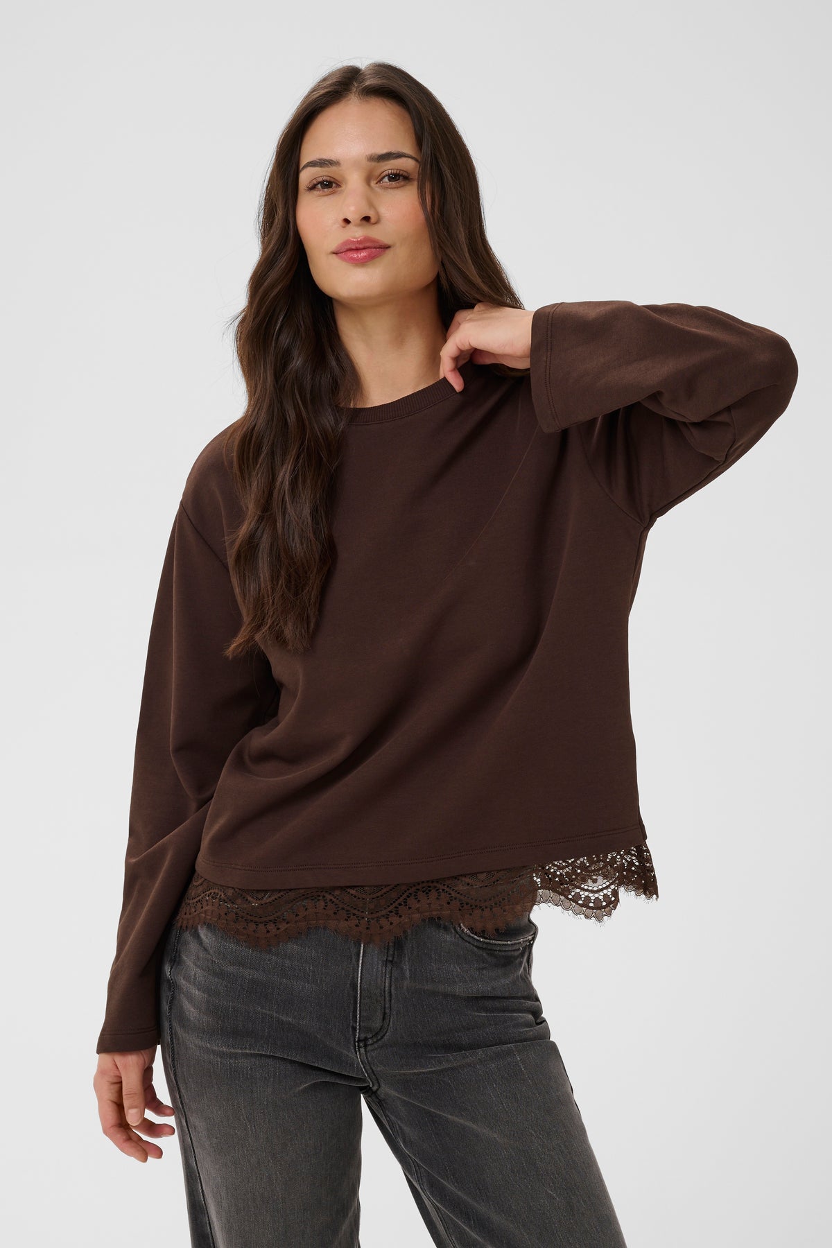 Kaffe Kasophie Coffee Bean Lace Trim Sweatshirt
