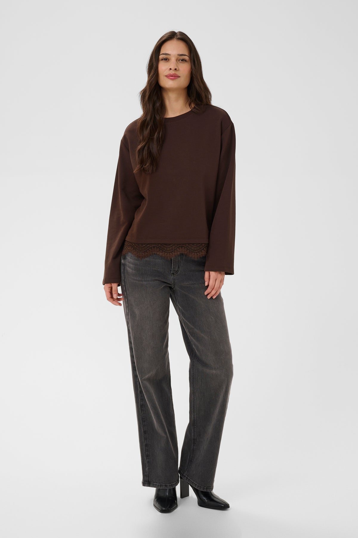 Kaffe Kasophie Coffee Bean Lace Trim Sweatshirt