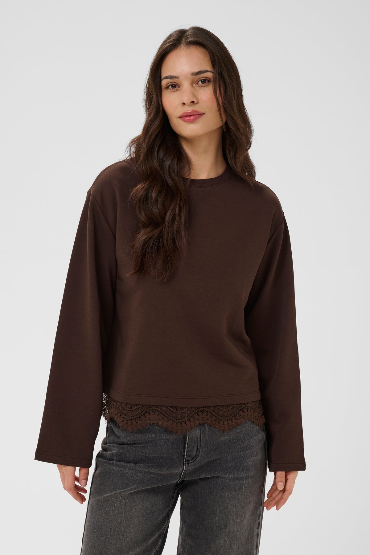 Kaffe Kasophie Coffee Bean Lace Trim Sweatshirt