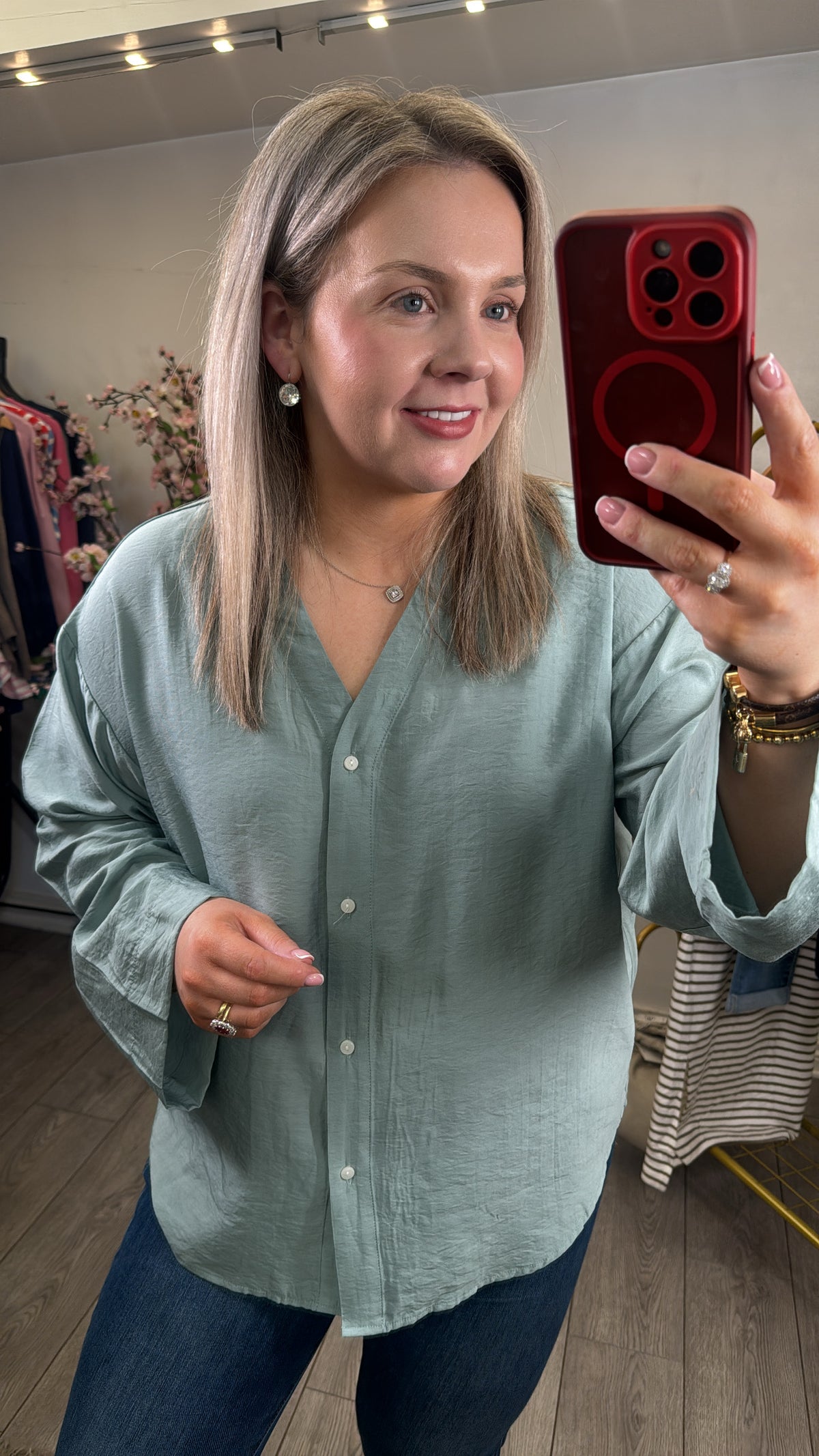 Soaked in Luxury Leodora Silver Blue V-Neck Oversized Blouse, 30408093