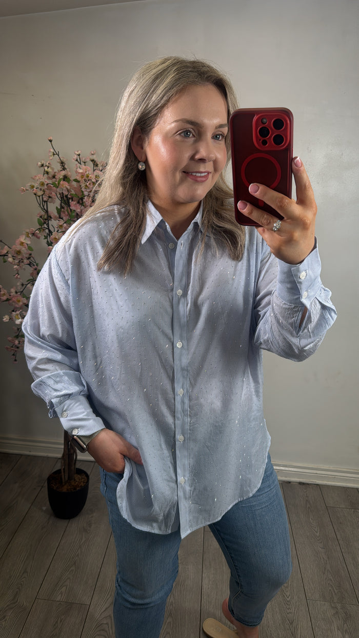 Kaffe Kamilena Baby Blue/White Embellished Oversized Shirt