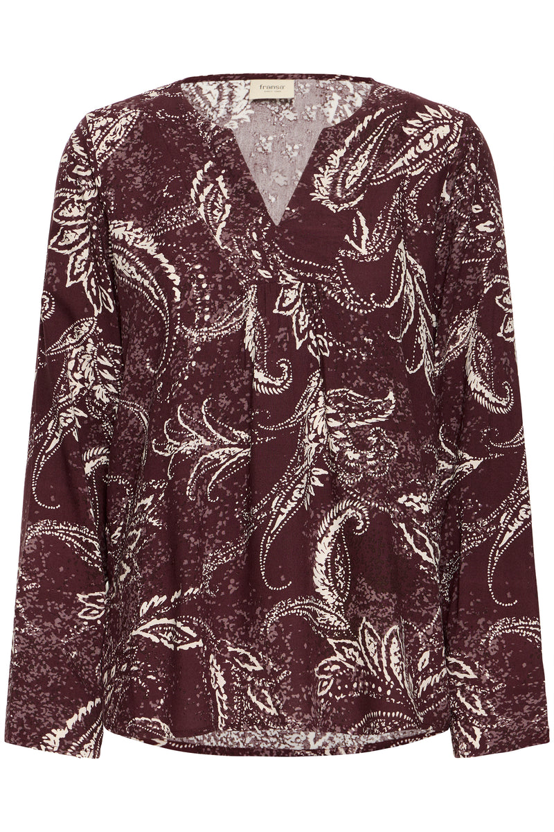 Fransa FrKiki Fudge Burgundy Paisley Dot V-Neck Blouse, 20612662