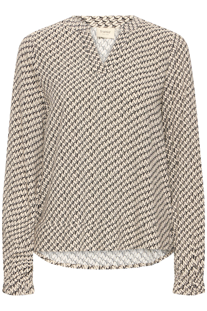 Fransa FrFlowy Feather Beige Abstract Printed V-Neck Top, 20614106