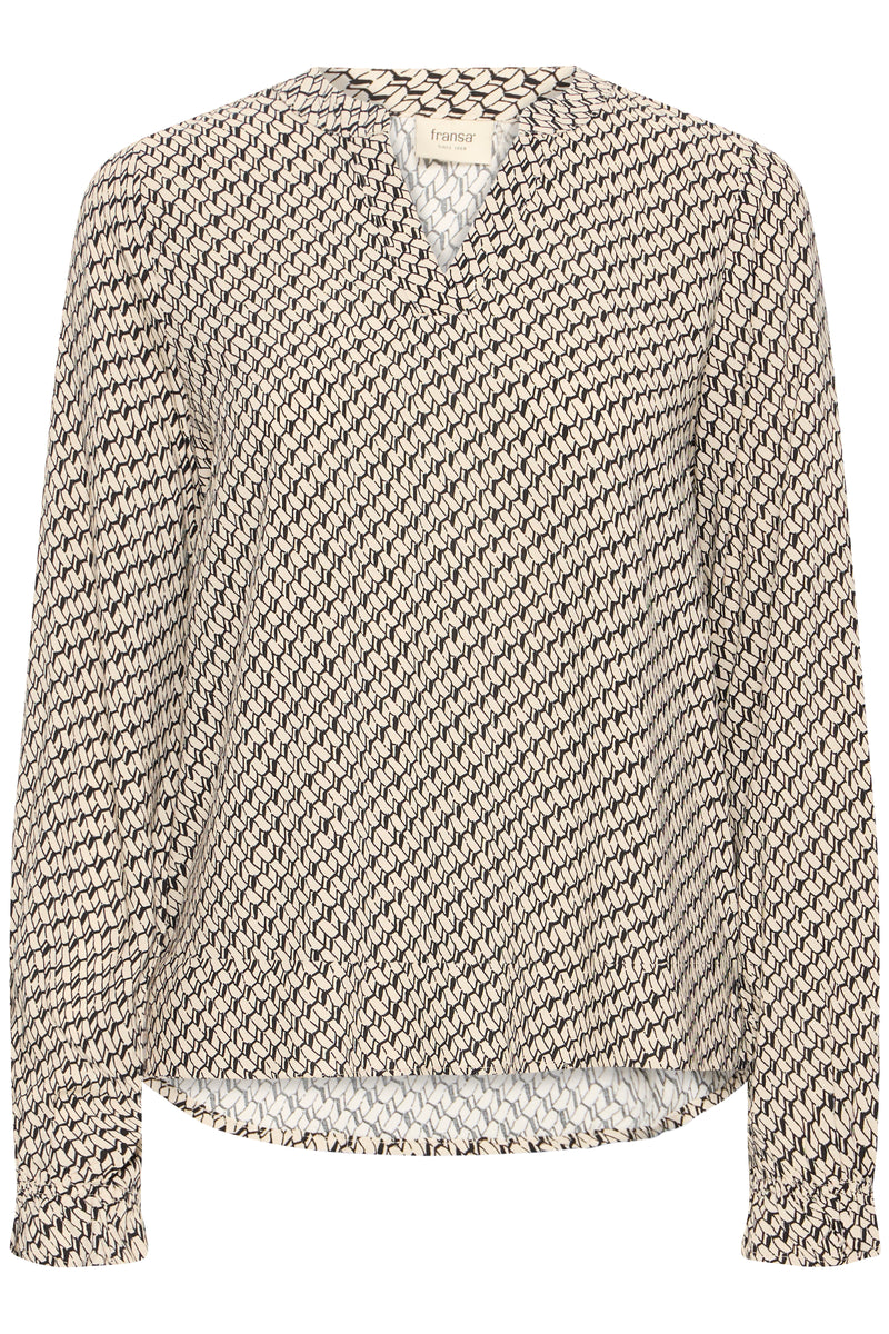 Fransa FrFlowy Feather Beige Abstract Printed V-Neck Top, 20614106