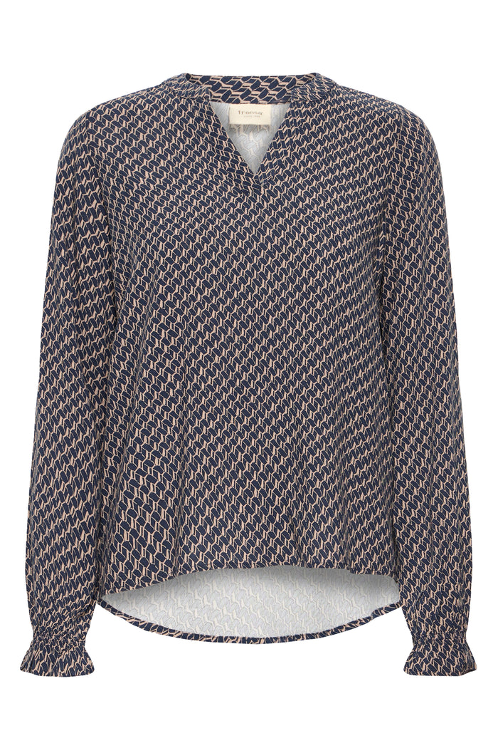 Fransa FrFlowy Desert Taupe Abstract Printed V-Neck Top, 20614106