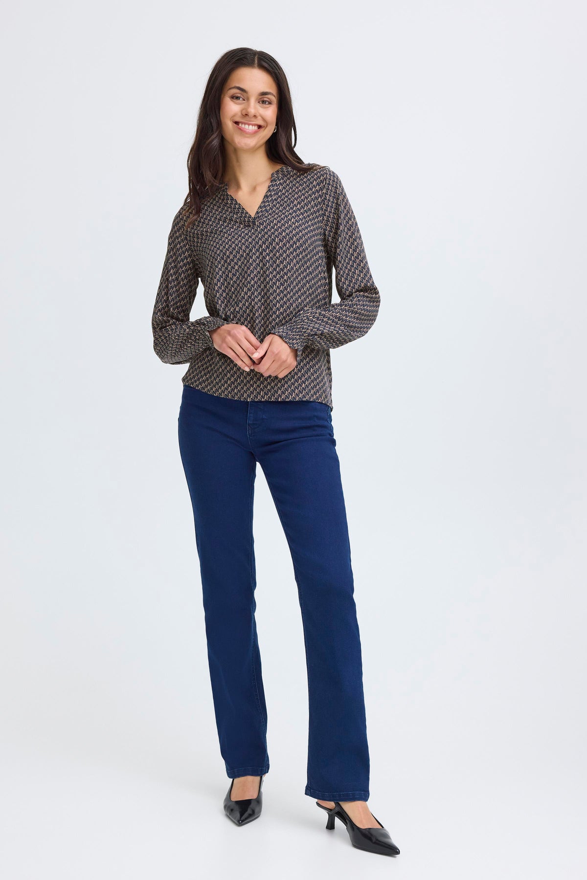 Fransa FrFlowy Desert Taupe Abstract Printed V-Neck Top