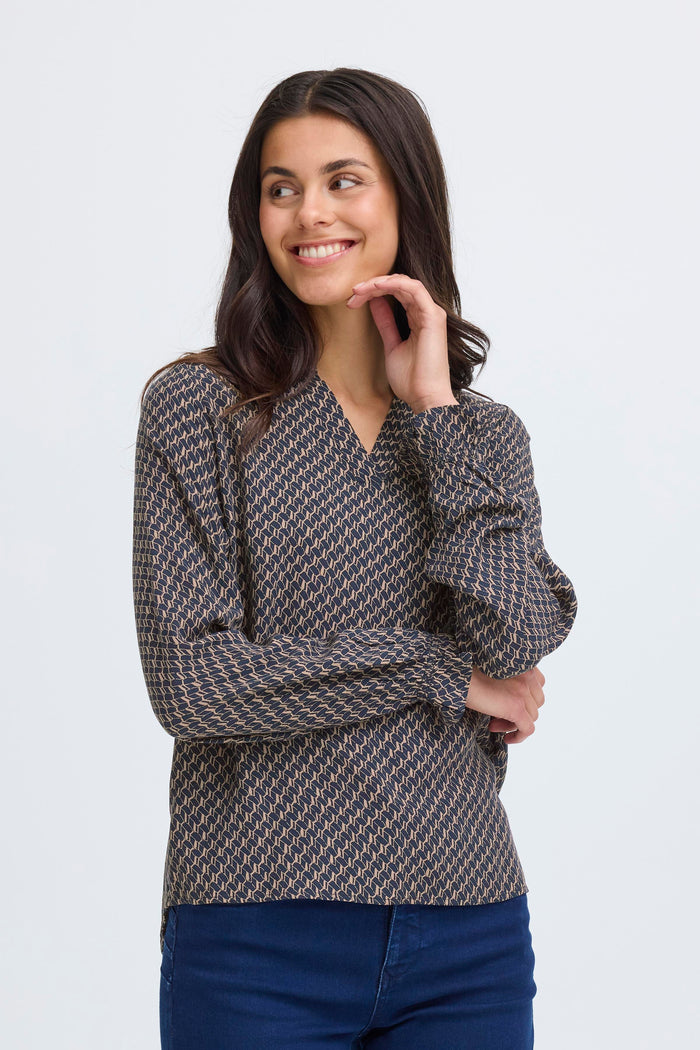 Fransa FrFlowy Desert Taupe Abstract Printed V-Neck Top, 20614106