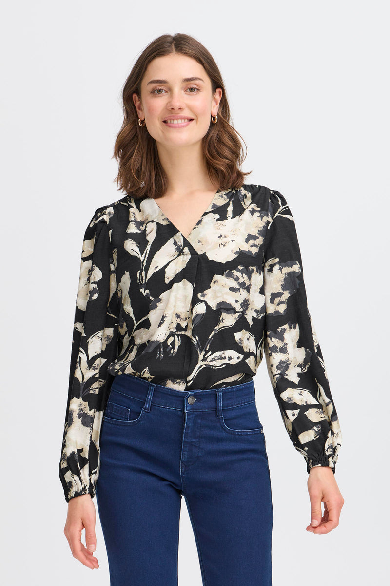 Fransa FrAriana Black Floral V-Neck Blouse