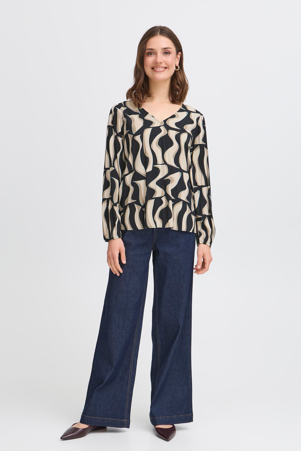 Fransa FrJustini Black Abstract Printed V-Neck Blouse