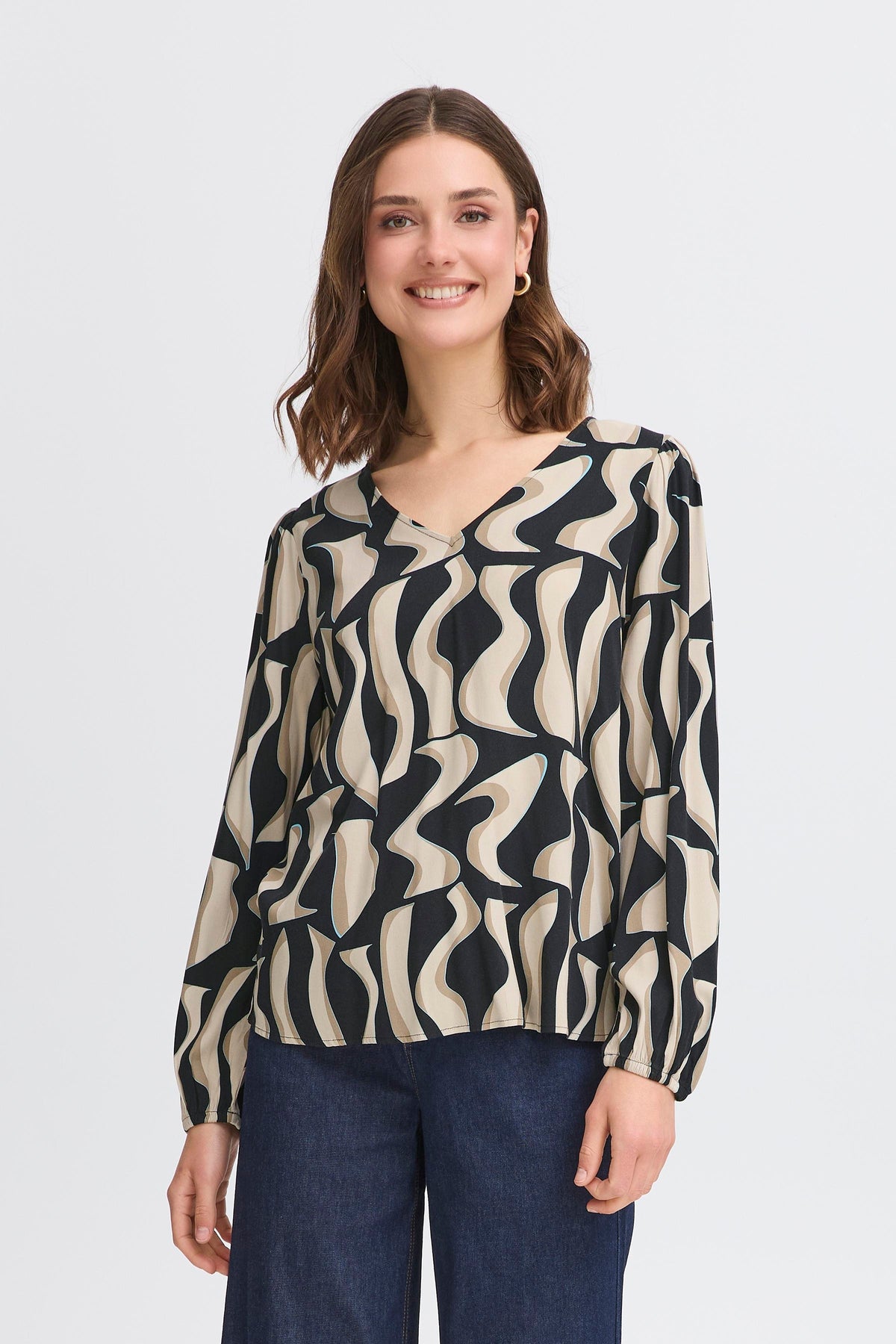 Fransa FrJustini Black Abstract Printed V-Neck Blouse