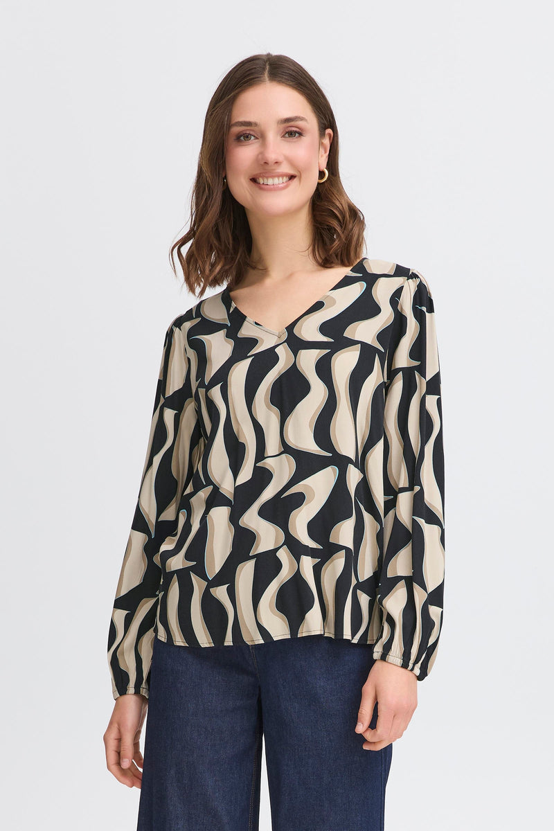 Fransa FrJustini Black Abstract Printed V-Neck Blouse