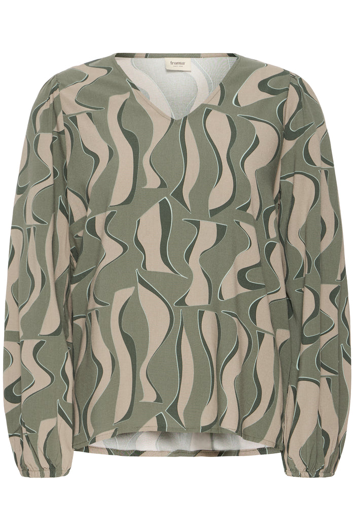 Fransa FrJustini Dusty Olive Abstract Printed V-Neck Blouse, 20616016