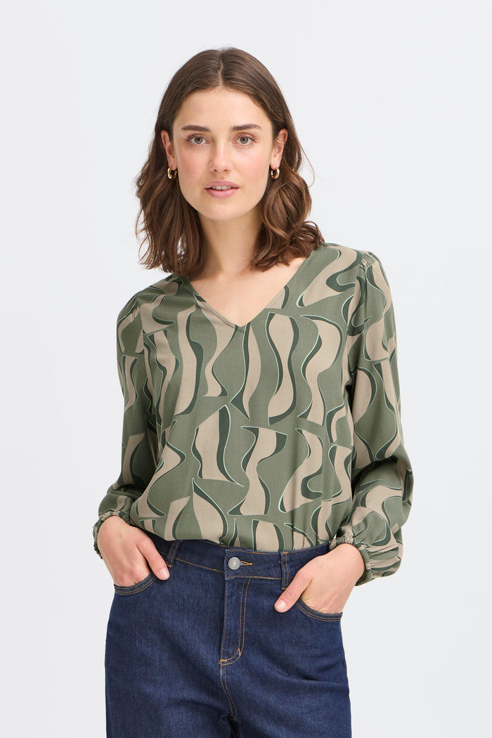 Fransa FrJustini Dusty Olive Abstract Printed V-Neck Blouse, 20616016