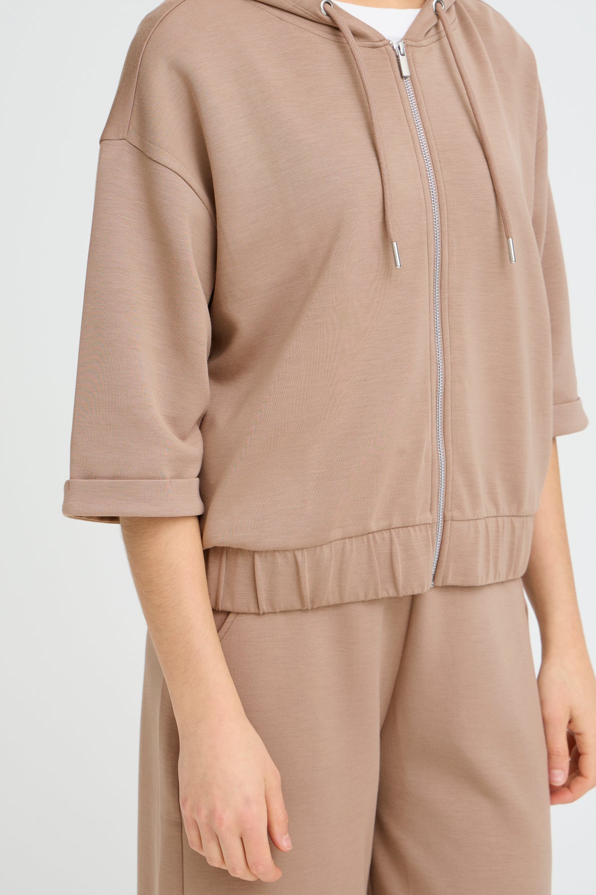 Fransa FrAurora Modal Taupe 3/4 Sleeve Zip Hoodie, 20617574