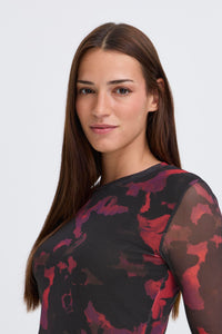 B.Young Bypaloma Barbados Burgundy Red Printed Long Sleeve Mesh Top