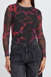 B.Young Bypaloma Barbados Burgundy Red Printed Long Sleeve Mesh Top