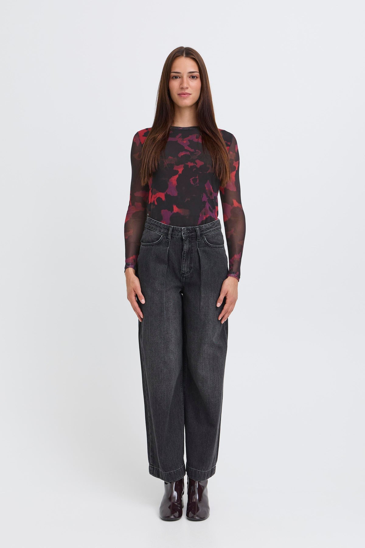 B.Young Bypaloma Barbados Burgundy Red Printed Long Sleeve Mesh Top